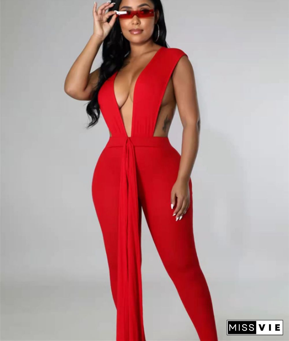 Deep V-neck Bandage Sleeveless Bodycon Jumpsuit