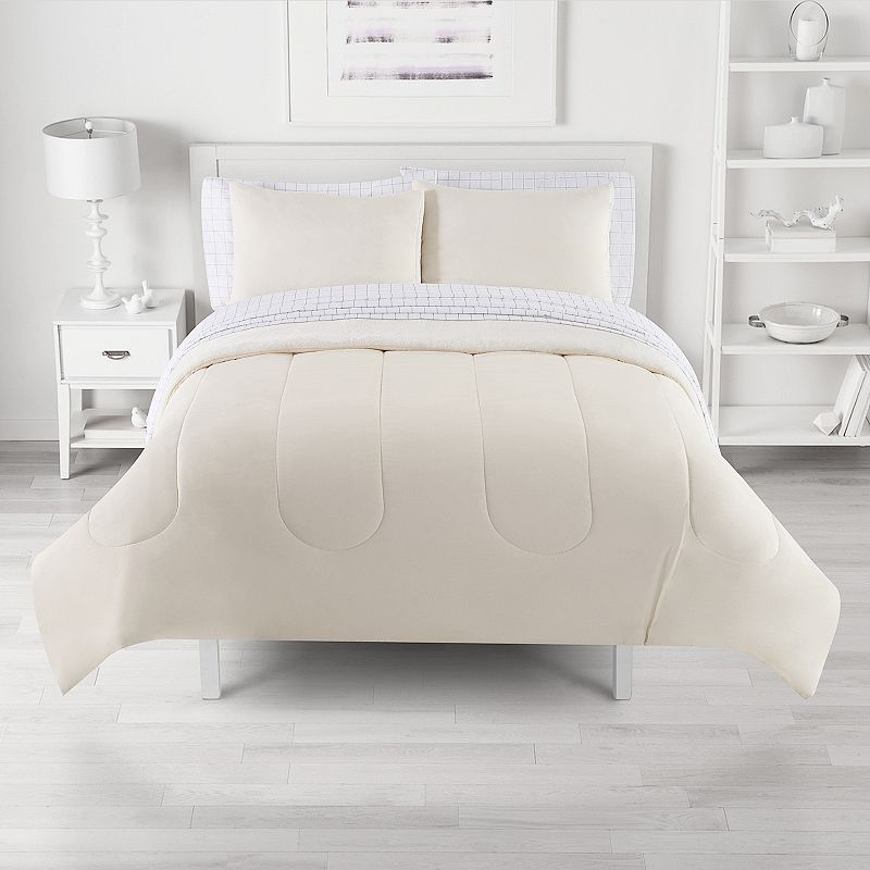 The Big One? Ivory Solid Plush Reversible Comforter Set with Sheets