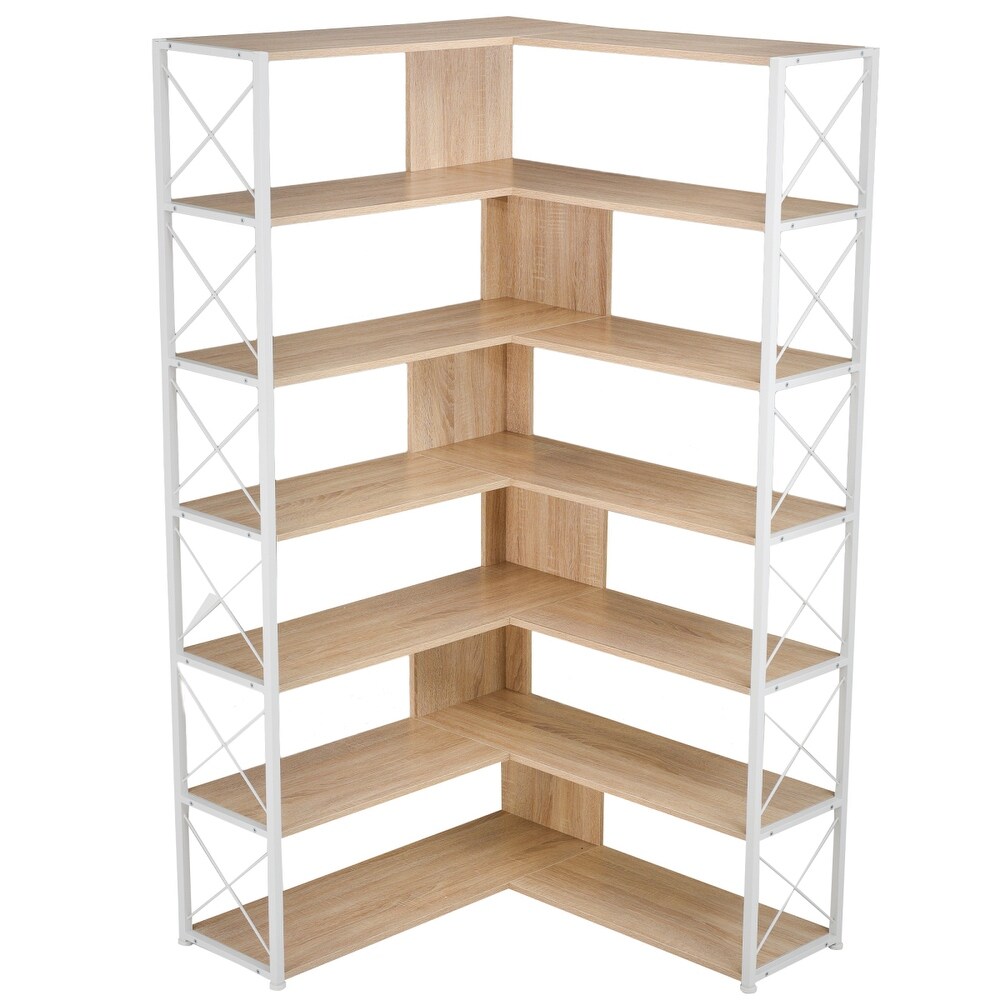 7 Tier Bookcase Corner Bookshelf  L Shaped Plant Stand with Metal Frame  Industrial Style Display Shelf