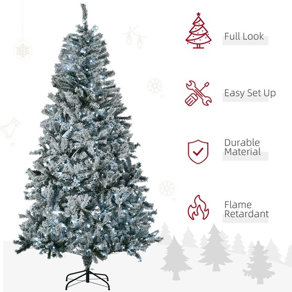 HOMCOM 7.5ft Tall Prelit Artificial Christmas Tree Holiday Décor with 760 Snow Flocked Branches，Auto Open，Green