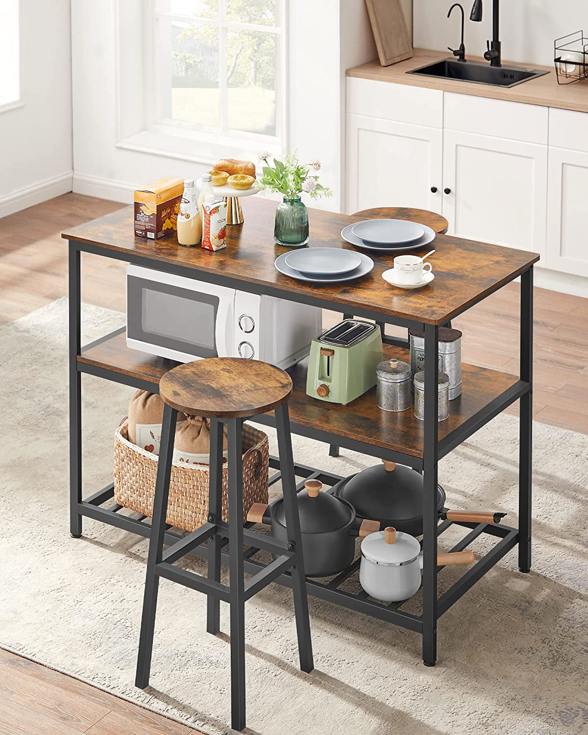 VASAGLE Alinru Kitchen Island with 3 Shelves Kitchen Shelf with Large Worktop Rustic Brown and Black