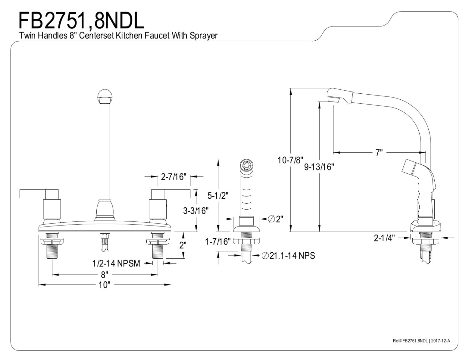 Kingston Brass FB2758NDL NuvoFusion 8-Inch Centerset Kitchen Faucet with Sprayer， Brushed Nickel