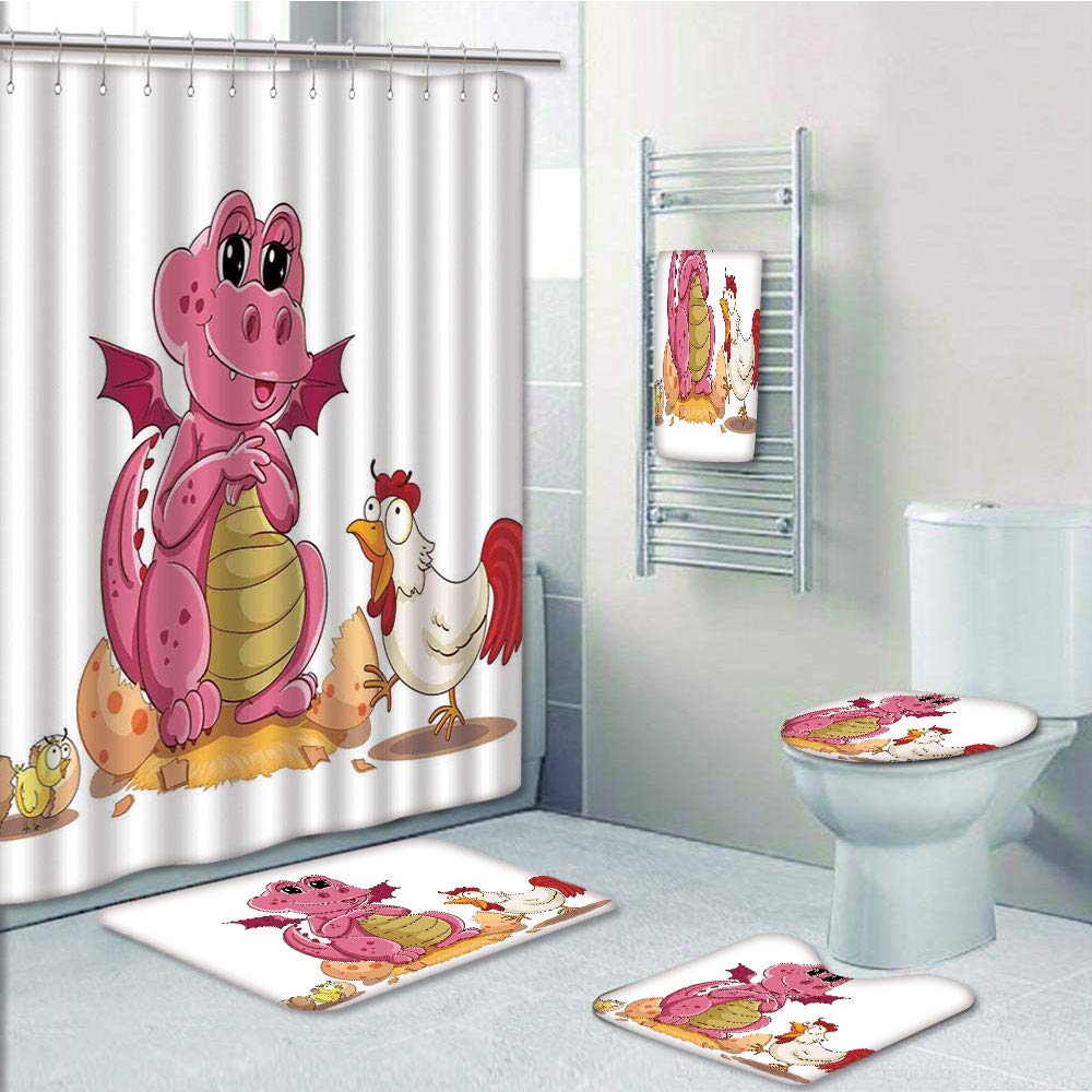 PRTAU Hen Chicken Baby Dinosaur Wings Out from Egg Kids Childrens 5 Piece Bathroom Set Shower Curtain Bath Towel Bath Rug Contour Mat and Toilet Lid Cover