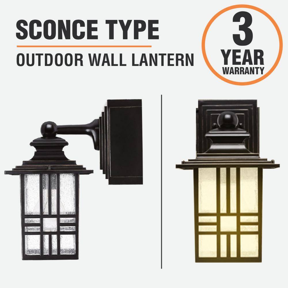 Hampton Bay Mission 1-Light Black with Bronze Highlight Outdoor Wall Mount Lantern with Built-In Electrical Outlet (GFCI) 30264