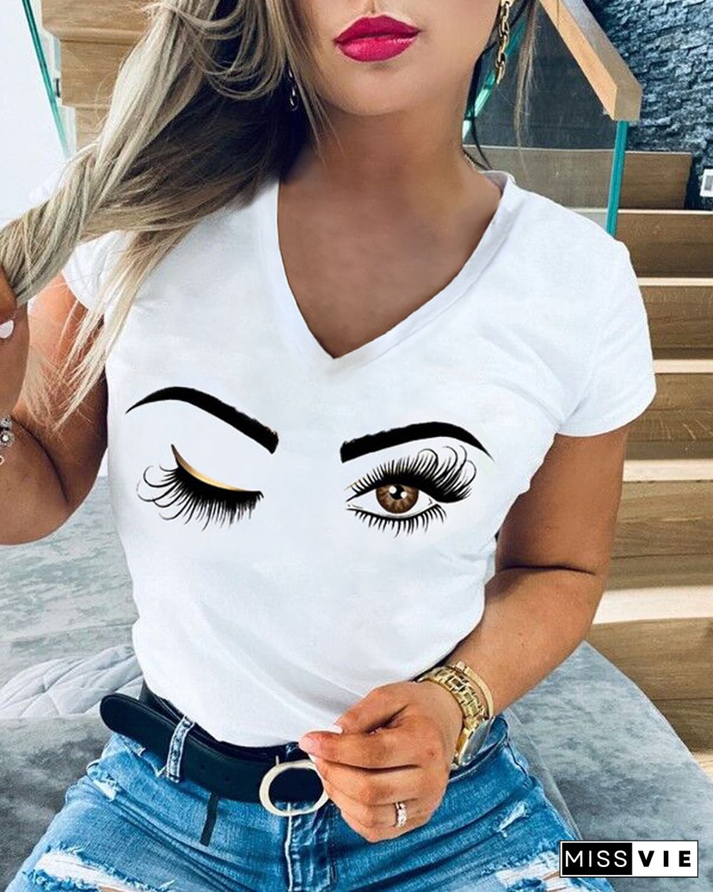 Sexy Printed Plain Colour Round Neck Slim Short Sleeve T-Shirt