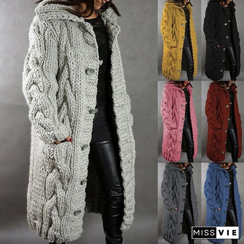 Fashion Women's Autumn Winter Long Sleeve Knitted Cardigan Coat Casual Streetwear Hooded Sweater Coat Plus Size 5XL