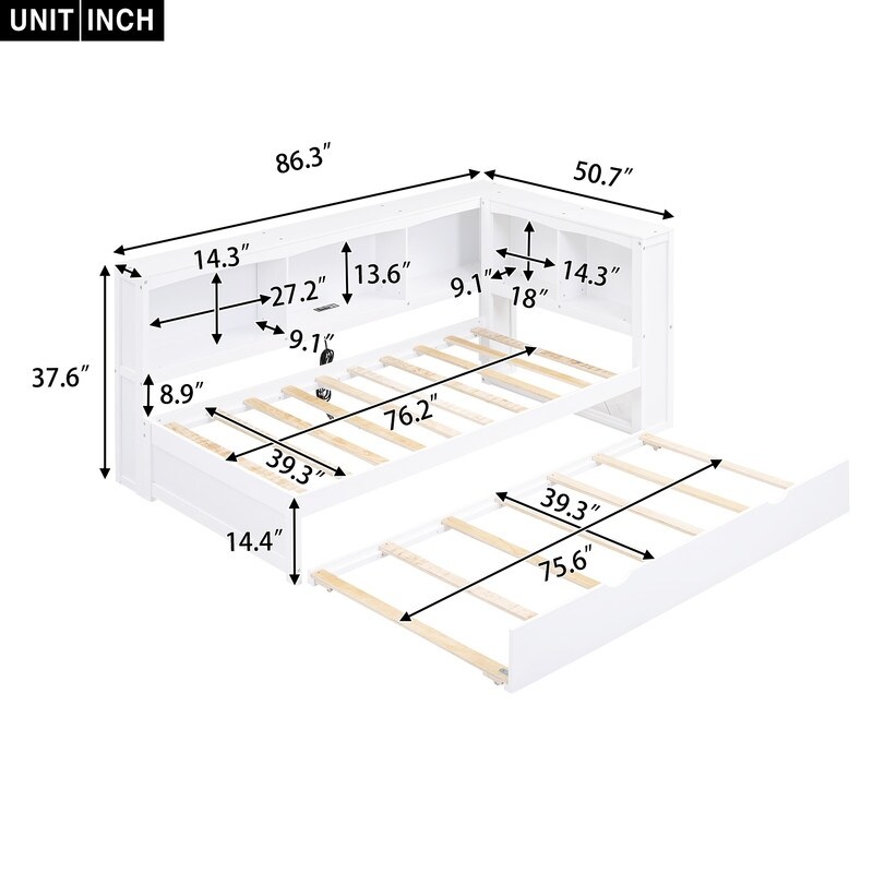 Twin Size Day Bed with Bookcases  Daybed with Trundle USB Ports and 5 Built in Storage Cabinets  Wood