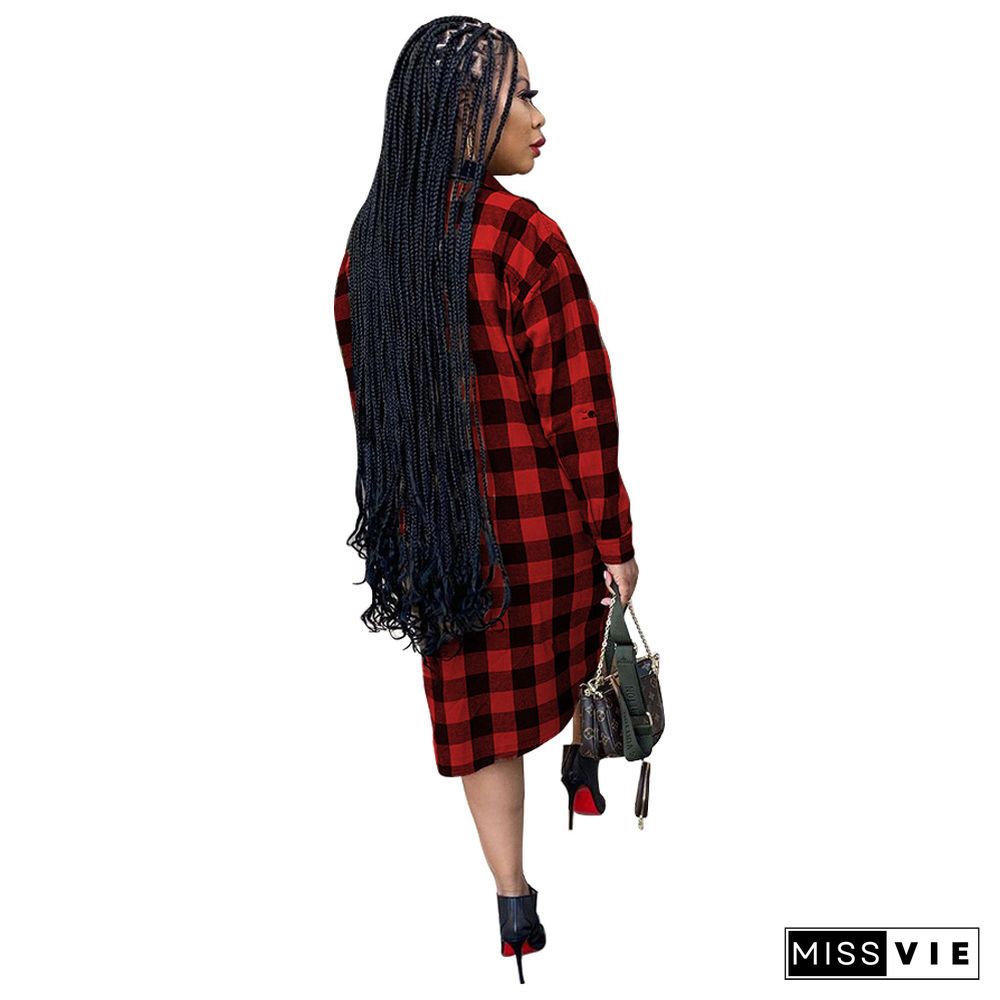 Plaid Print Long Sleeve Shirt Midi Dress