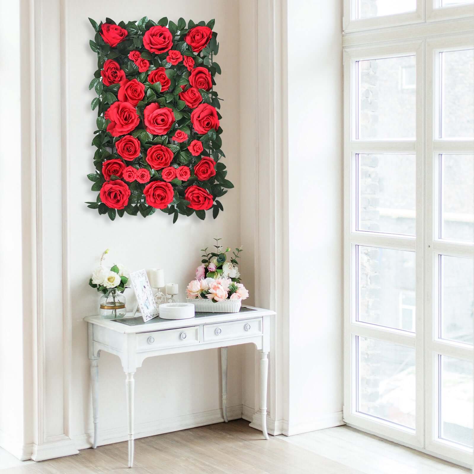 Easy-Install Red Silk Rose Flower Mat Wall Panel Backdrop 3 Sq ft.