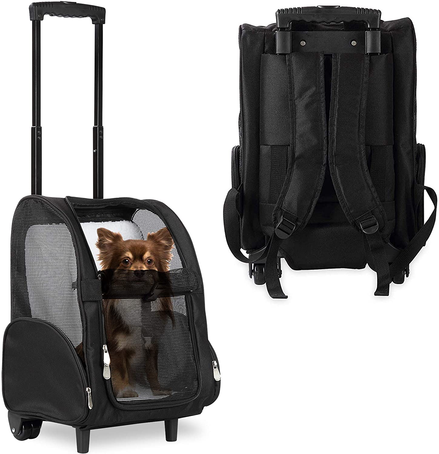 Deluxe Backpack Pet Travel Carrier with Double Wheels - Black - Approved by Most Airlines