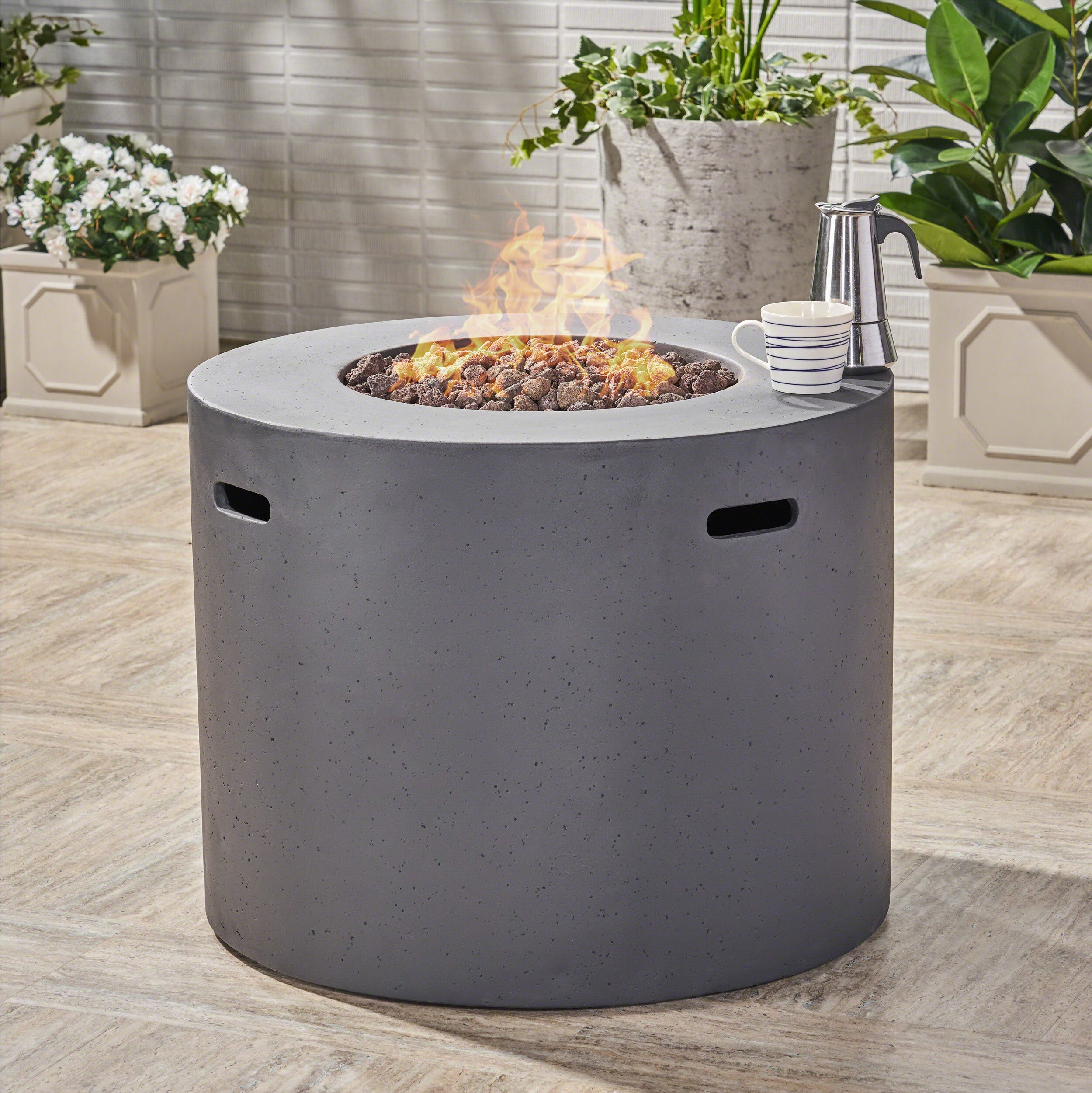 Leo Outdoor 31-inch Round Light Weight Concrete Gas Burning Fire Pit