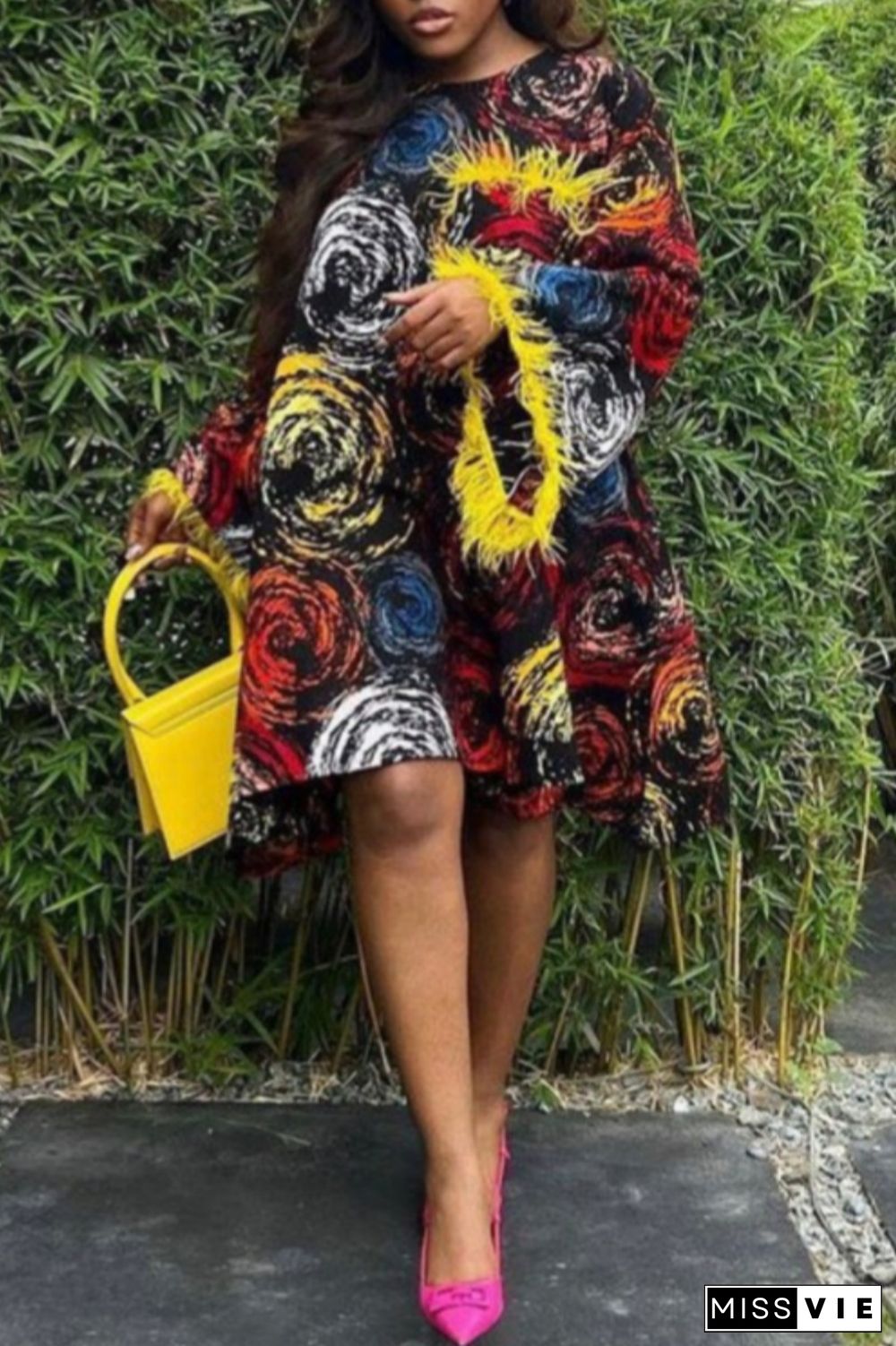 Casual Print Patchwork O Neck Long Sleeve Plus Size Dresses