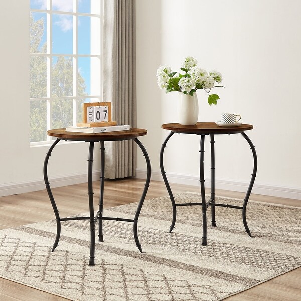 VECELO， ( Set of 2 ) Industrial Round Side Table/End Table， Rustic Brown