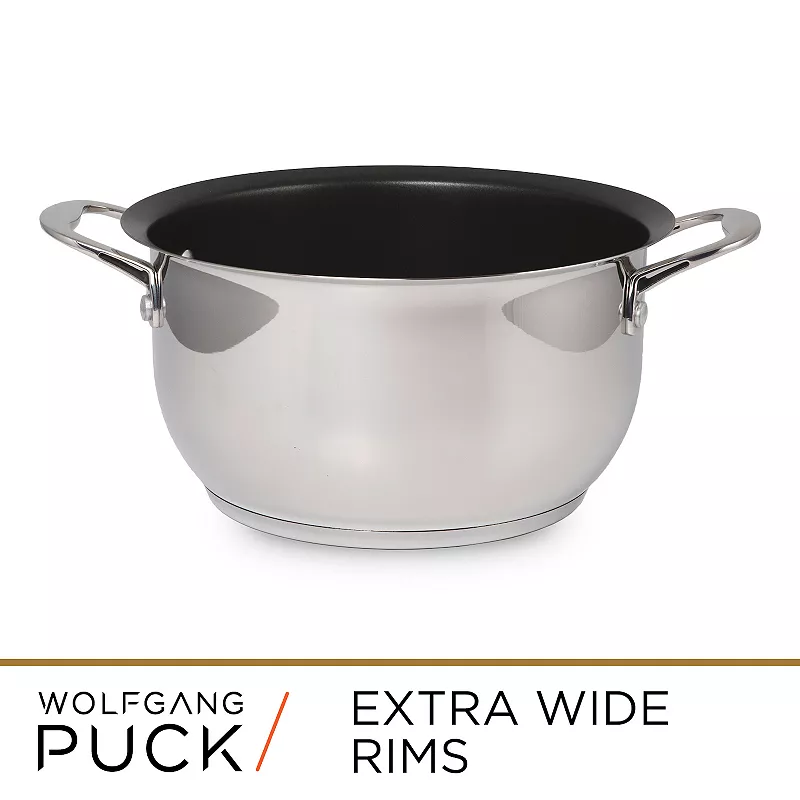 Wolfgang Puck 6-Piece Stainless Steel Pots and Pan Set; Scratch-Resistant Non-Stick Cookware， Clear Tempered-Glass Lids， Cool Touch Handles， Extra-Wide Rims for Easy Pouring