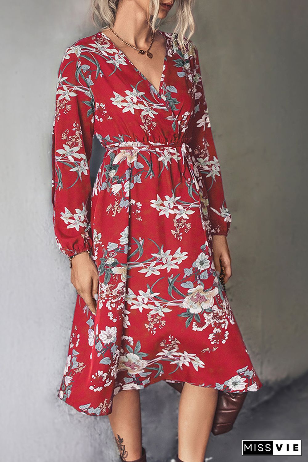 Puff Sleeve V Neck High Waist Floral Dress