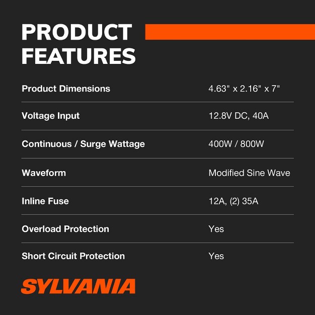 Sylvania 400w Continuous 800w Peak Power Inverter dc 12v To 110v Ac Power Car Rv Converter 2 Usb Ports 5v Dc 3 1a Shared Power Fault Led Indicator 12v Plug With Replaceable Fuse