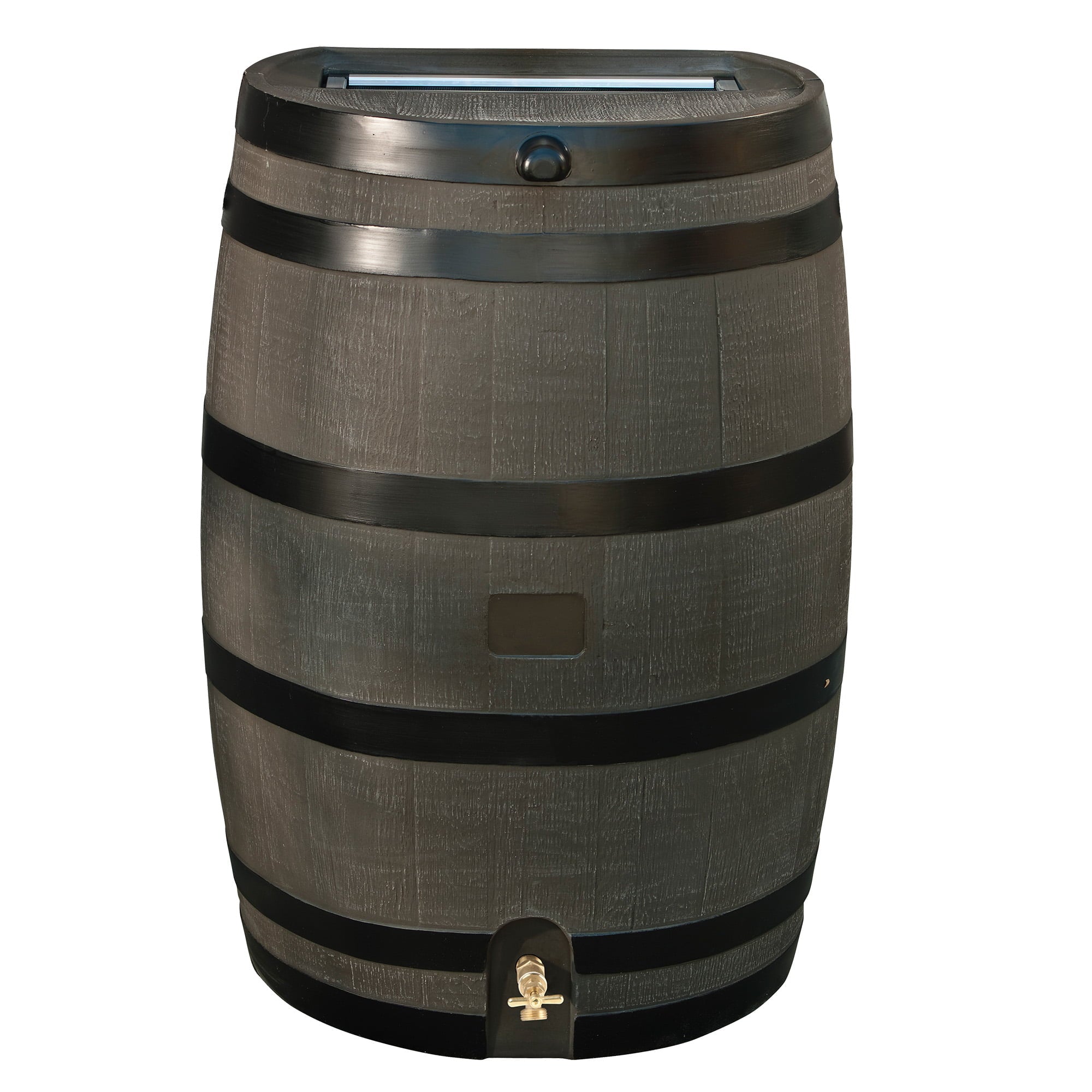 RTS Home Accents Polyethylene 50 Gallon Flat Back Brass Spigot Rain Barrel， Woodgrain with Black Stripes Color