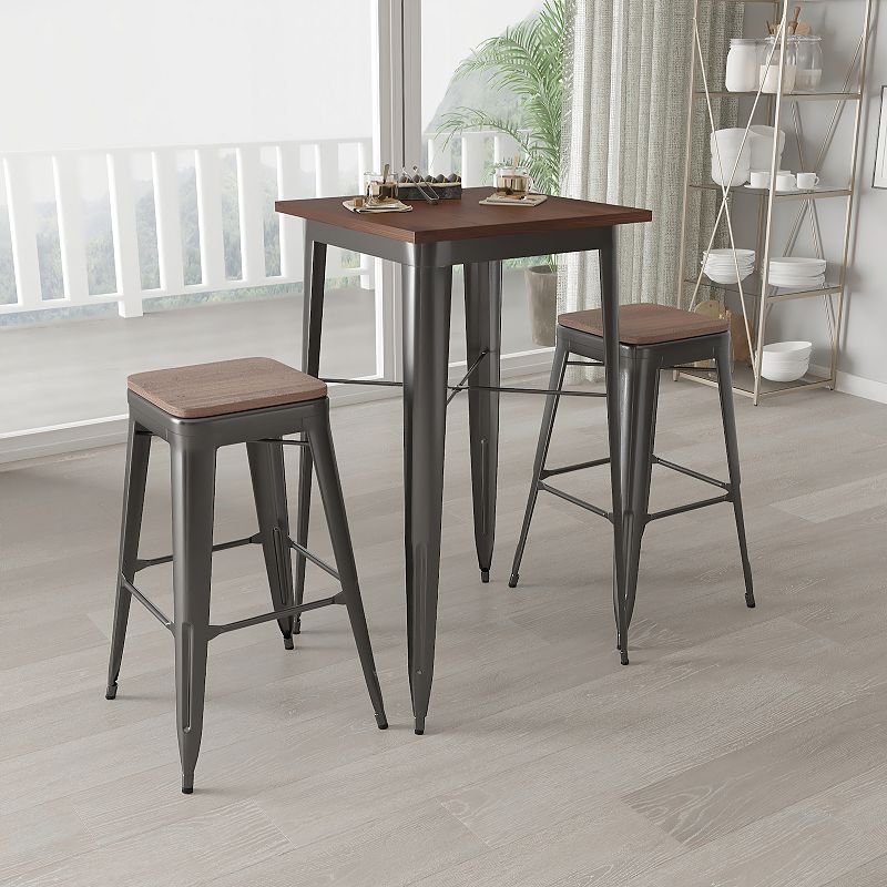 Merrick Lane 3 Piece Bar Table and Stools Set with 23.5 Square Black Metal Table with Wood Top and 2 Matching Bar Stools