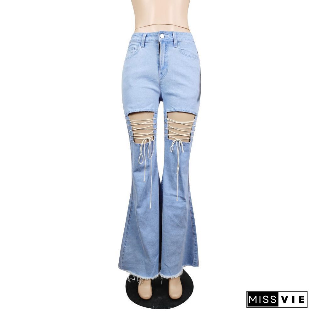 XS Summer Fashion Woman Solid Color Skinny High Waist Holes Bandage Ripped Flare Jeans