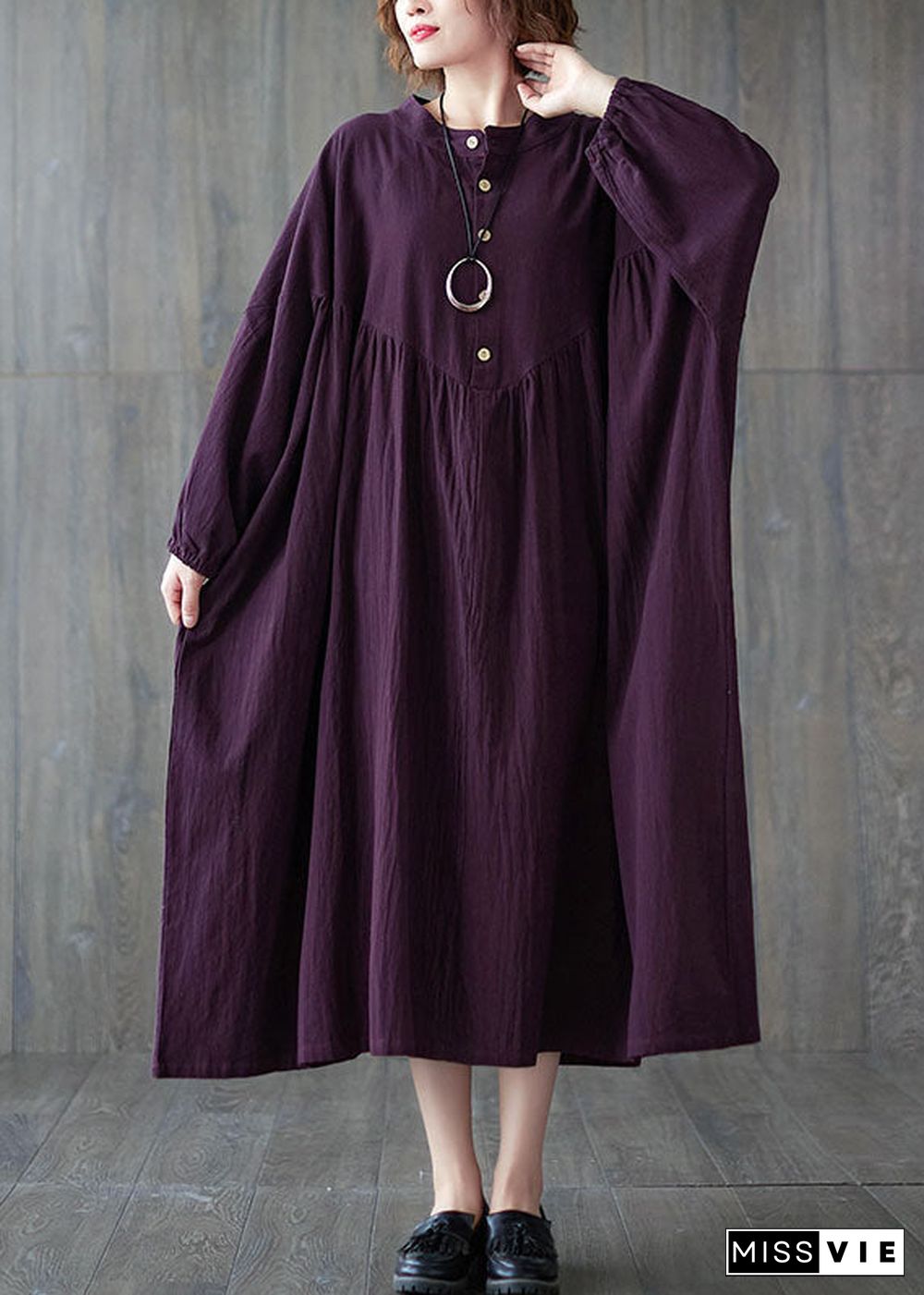 Purple wrinkled Cotton Casual Dresses Long Sleeve