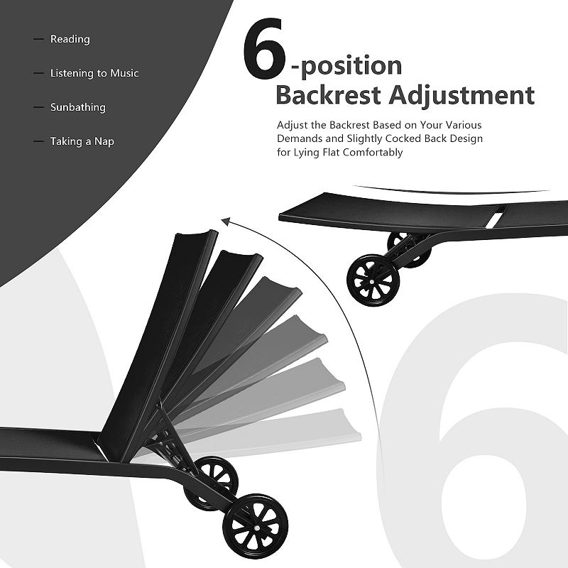 6-Poisition Adjustable Outdoor Chaise Recliner with Wheels