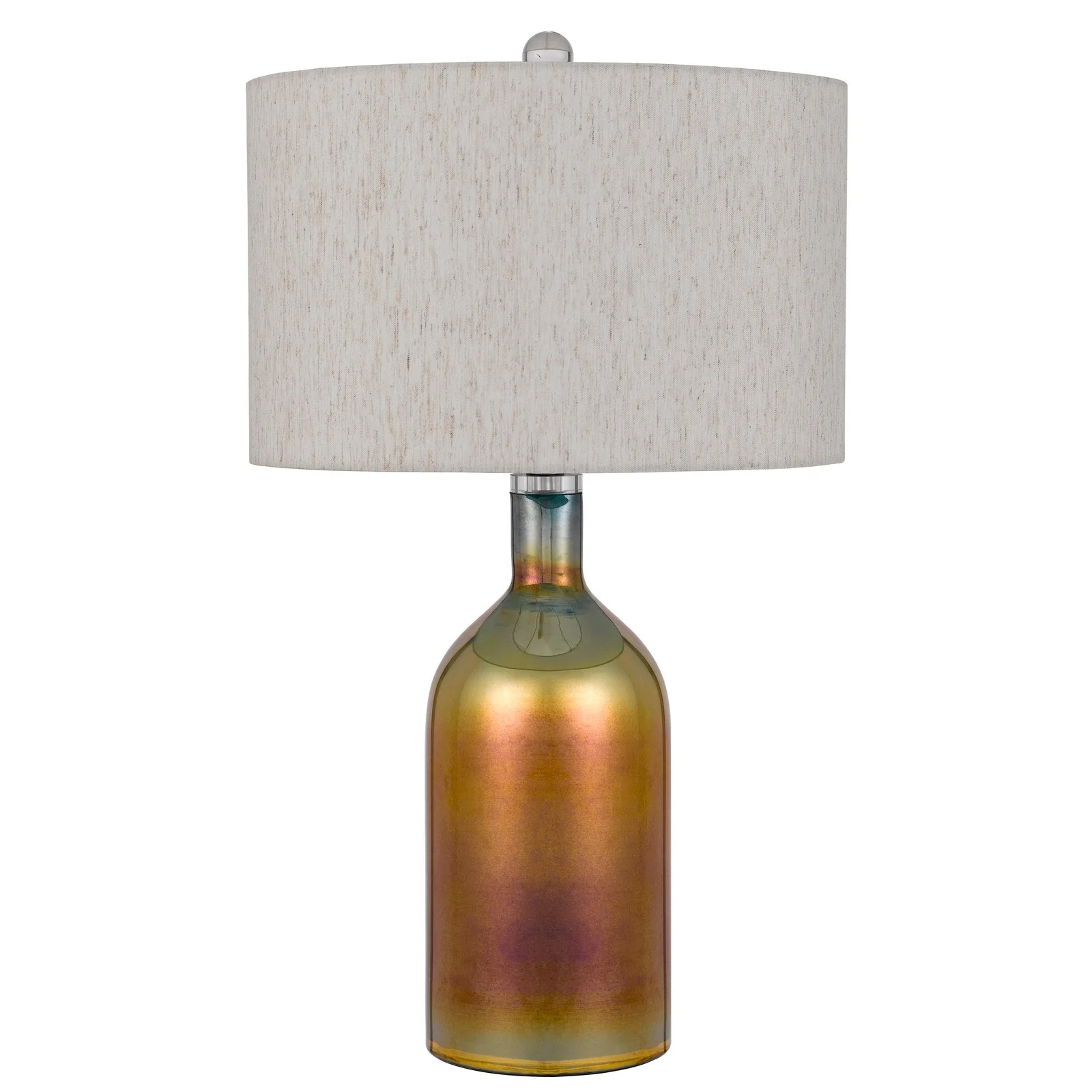 28 Inch Glass Bottle Table Lamp， Drum Shade， Dimmer， Bronze