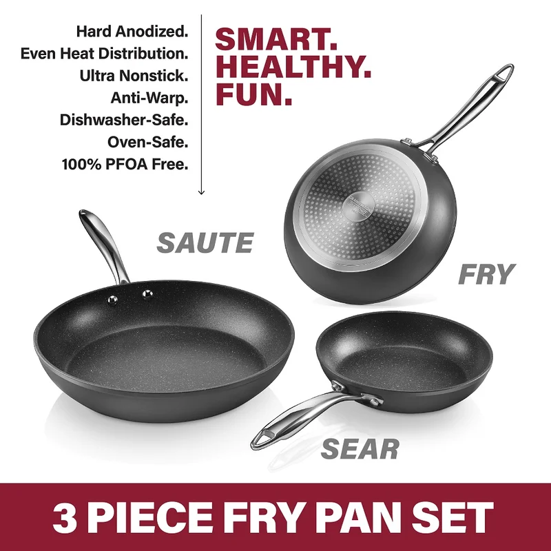 GRANITESTONE 7197 Professional 3-Piece Aluminum Ultra-Nonstick Hard Anodized Diamond Infused Fry Pan Set (8 in.， 10 in.， 12 in.)