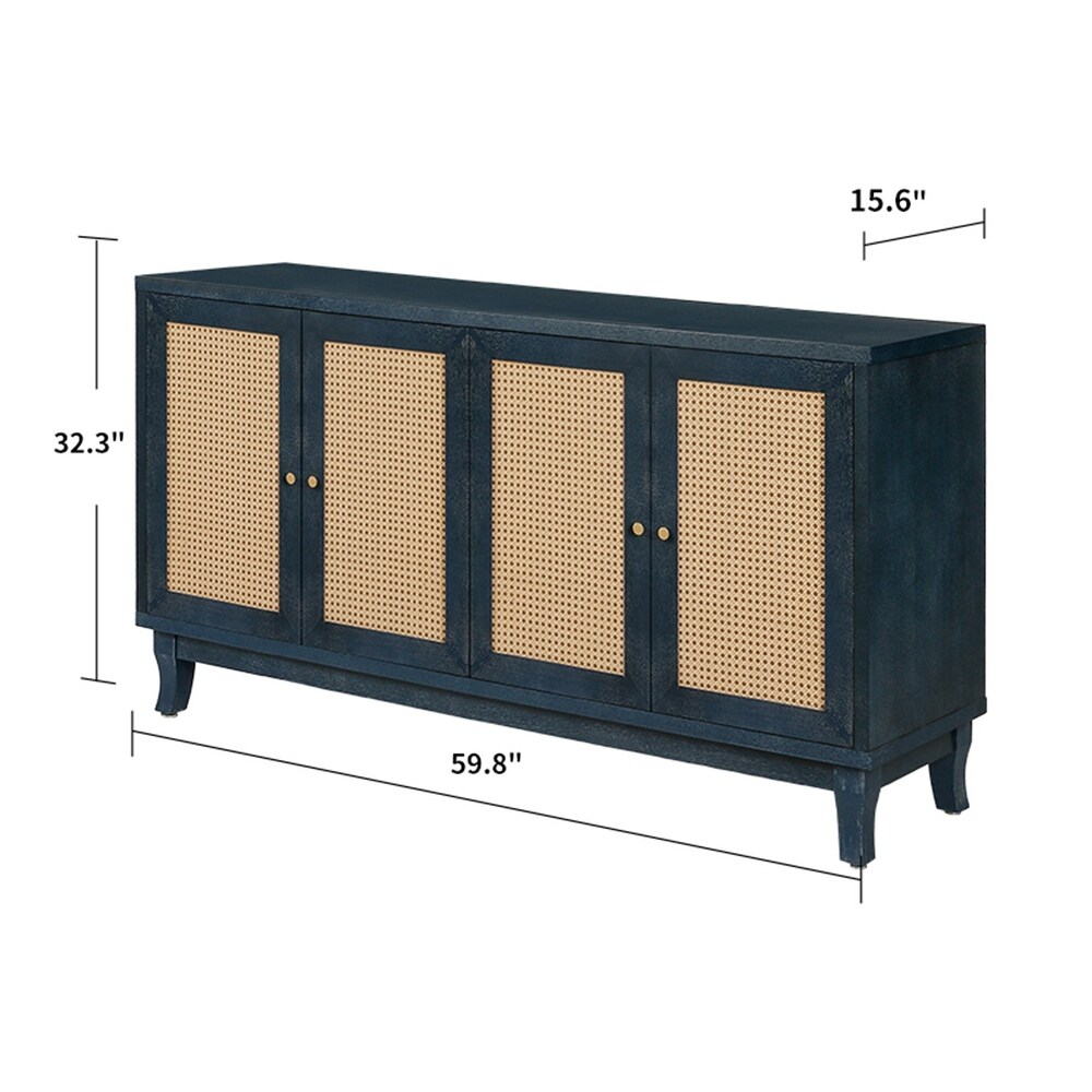 Softly Lacquer Finishes Accent Storage Cabinet Sideboard Wooden Cabinet with Antique Deep Blue 4Doors for Living Room