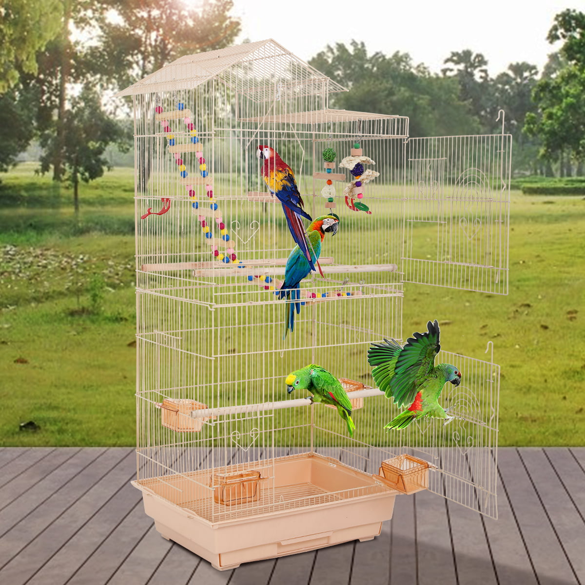 Dkelincs 39 Inch Big Birdcage Study Parakeet Cage Aviary with Accessories Roof Top Flight Parrot Cage with Ladder and Swing for Parakeet， Cockatiels， Parrots， Almond