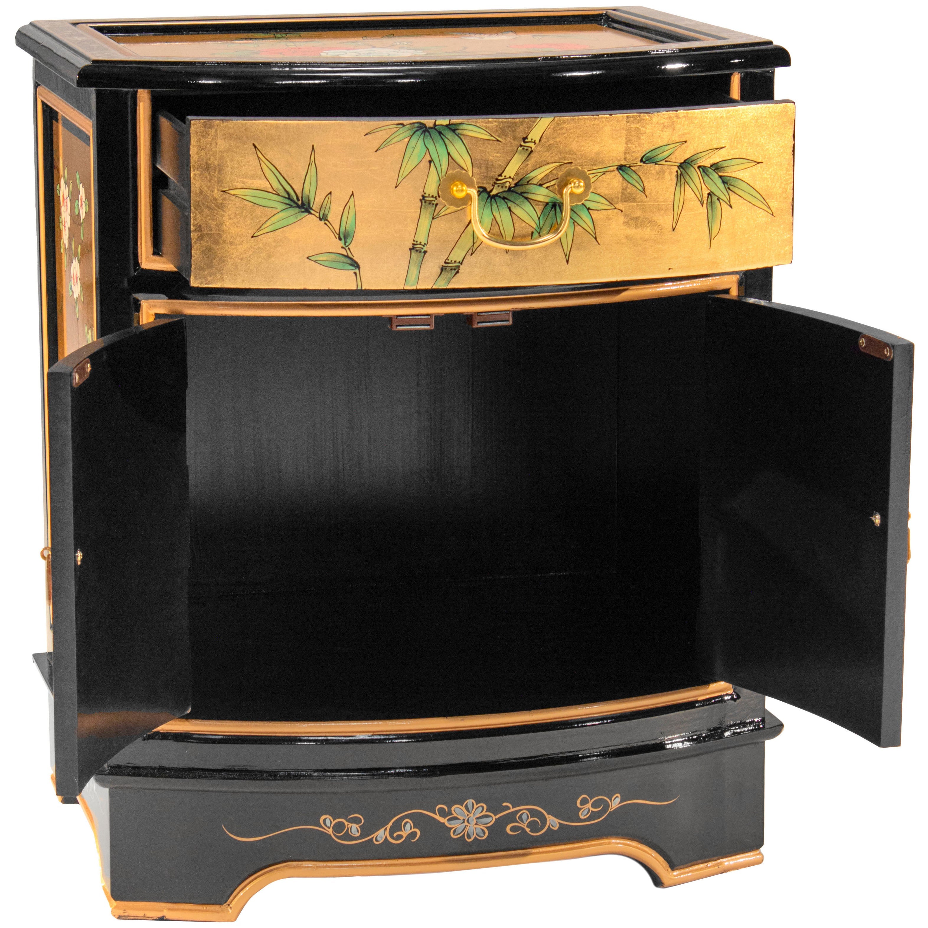 Oriental Furniture Gold Lacquer End Table - Birds and Flowers