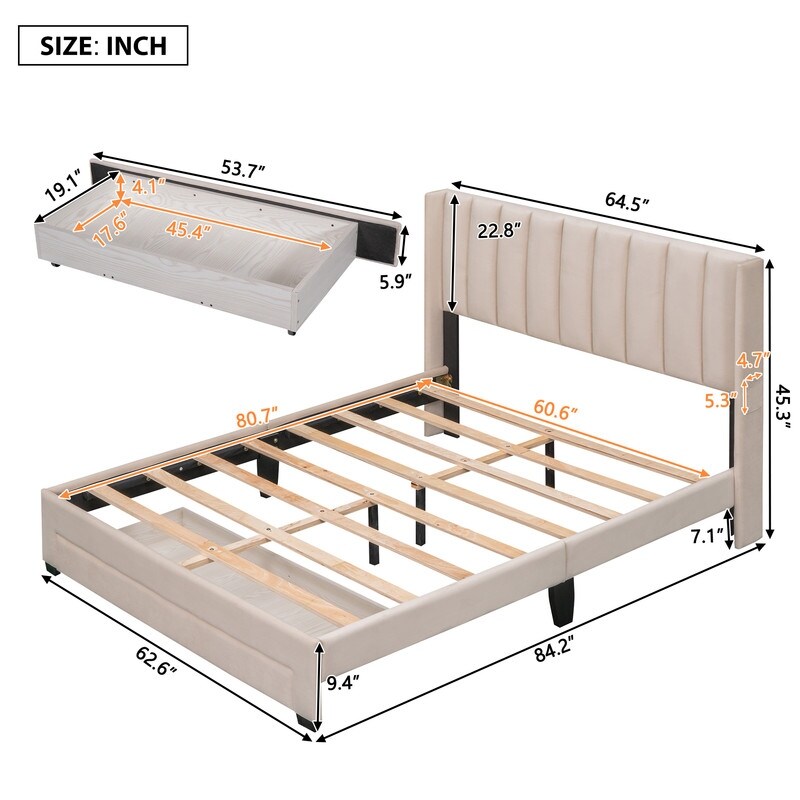 Queen/Full Size Velvet Upholstered Platform Bed with a Big Storage Drawer