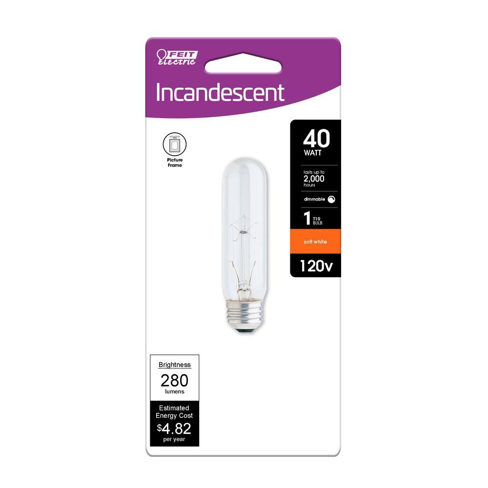 Feit Electric 40-Watt T10 Medium E26 Base Dimmable Incandescent Light Bulb Soft White 2700K (1-Bulb) BP40T10HDRP