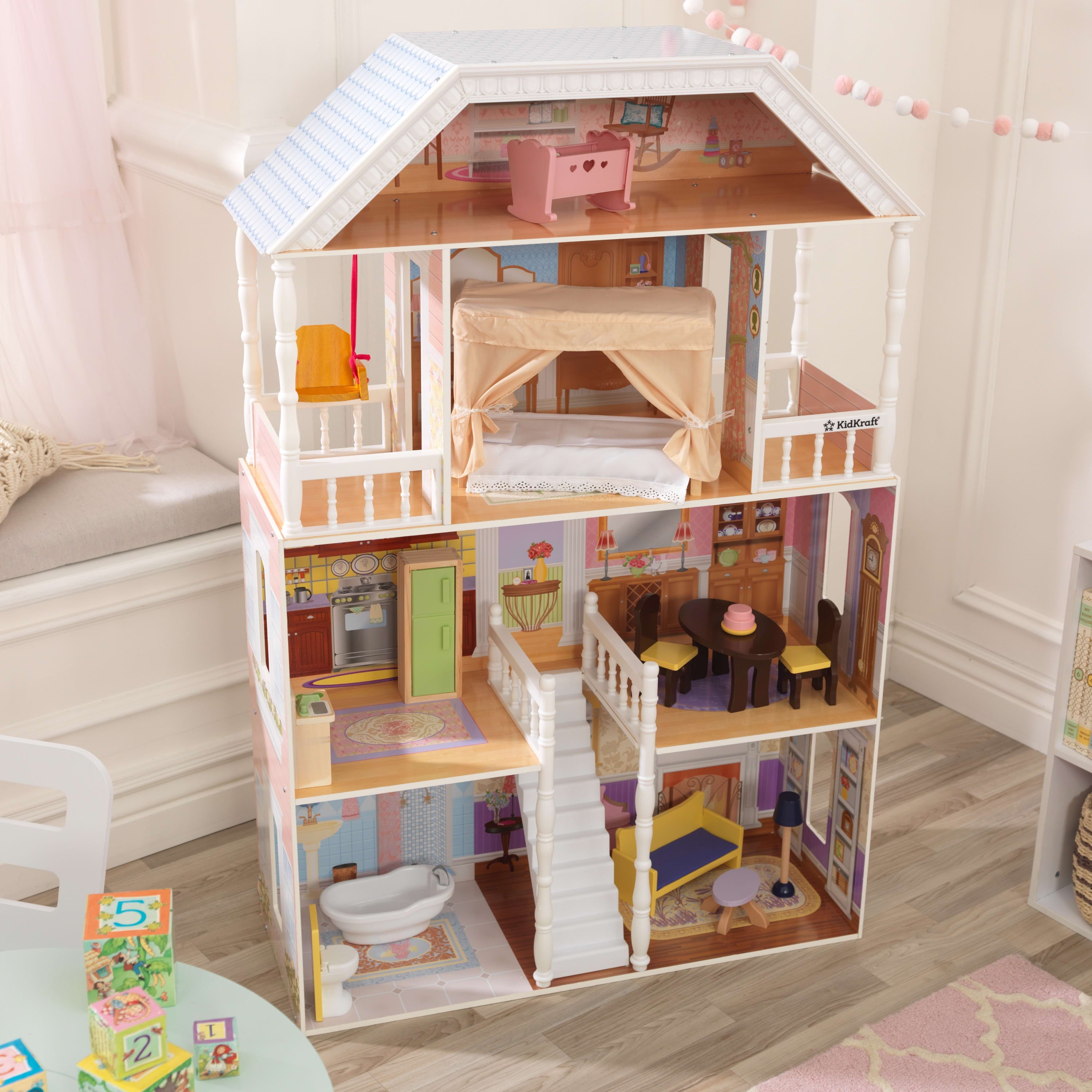 KidKraft Savannah Wooden Dollhouse， Over 4 feet Tall with Porch Swing and 14 Accessories