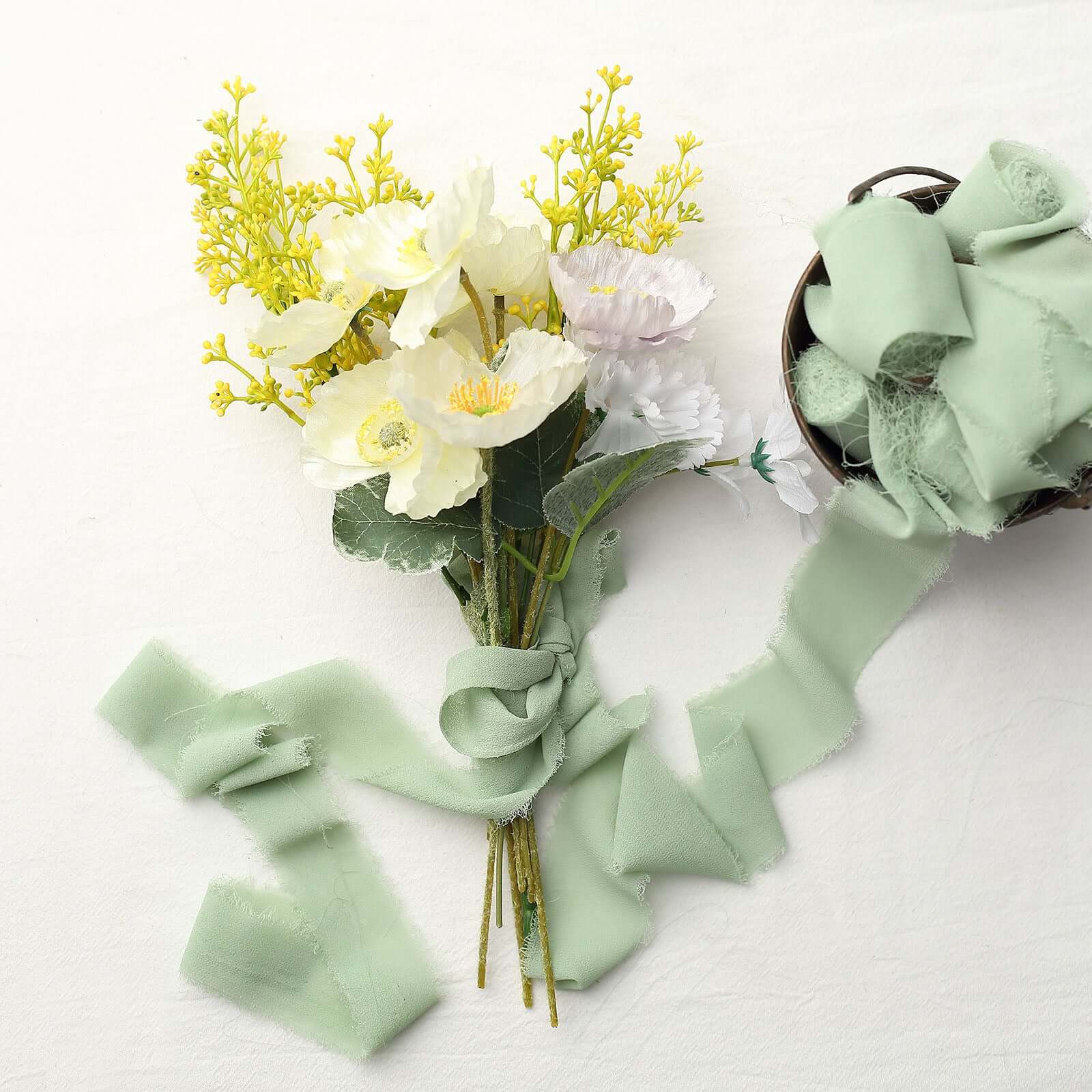 2 Pack Sage Green Silk-Like Chiffon Ribbon Roll, DIY Wedding Bouquet Linen Wrap 6yds