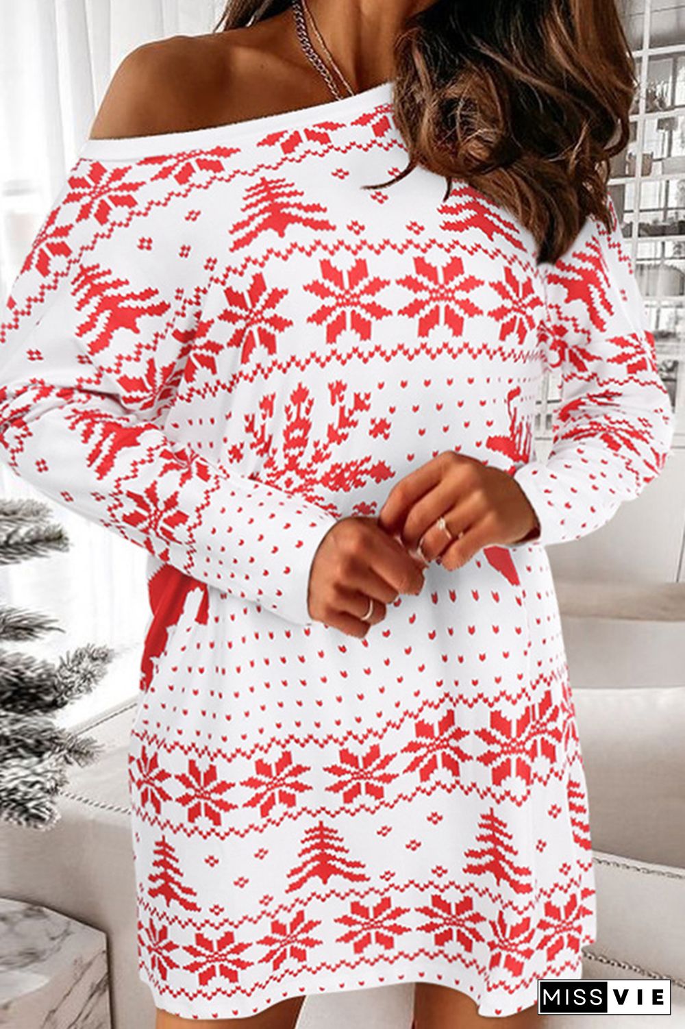 Christmas Print Long Sleeve Dress Women Wholesale