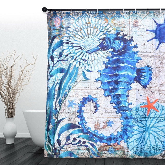 Sea Turtle Print Waterproof Shower Curtain Polyester Fabric Bath Curtain Octopus Washable Home Bath Decor Curtains With 12 Hooks