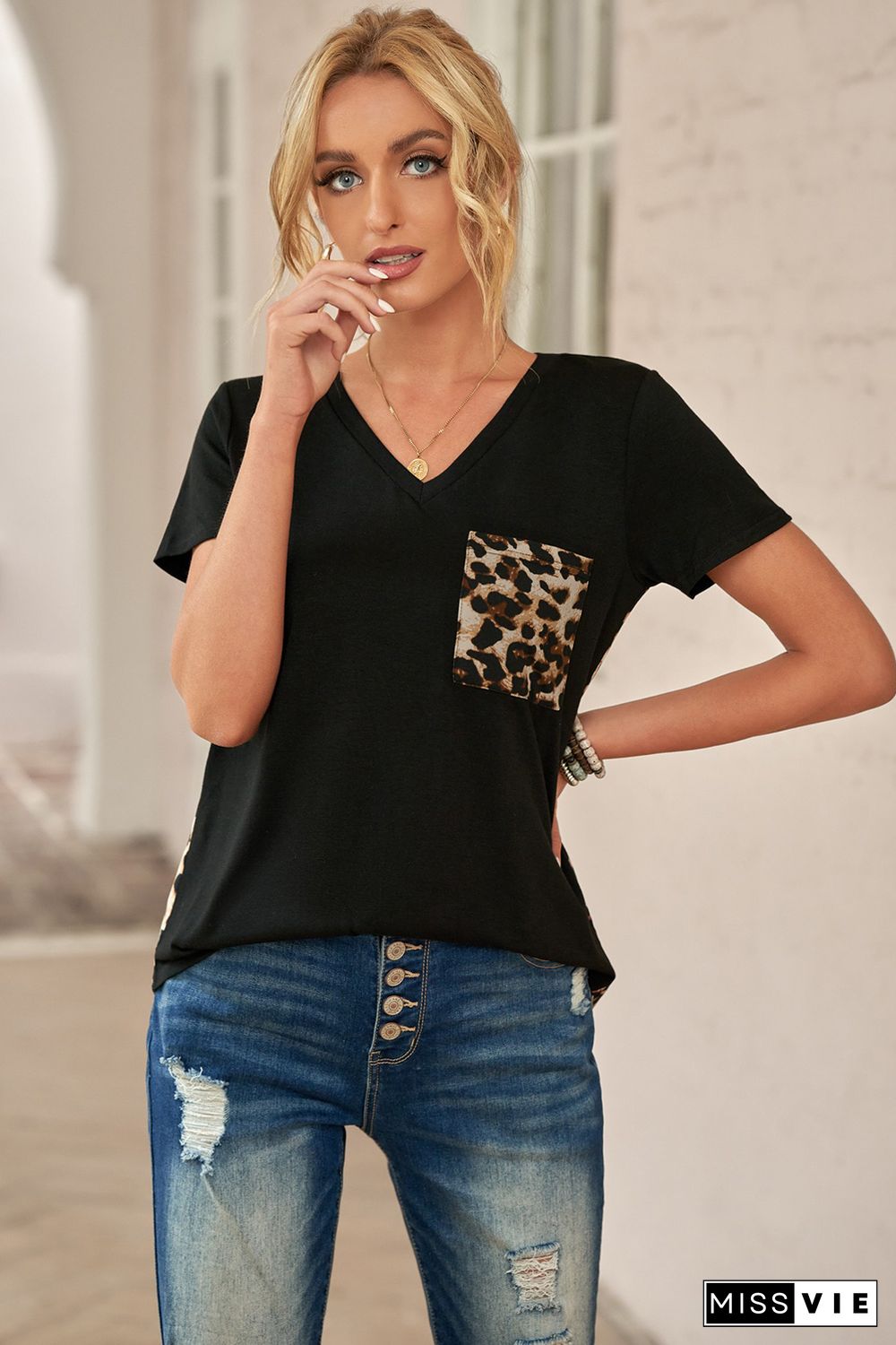 Leopard Printed Splicing T-Shirt