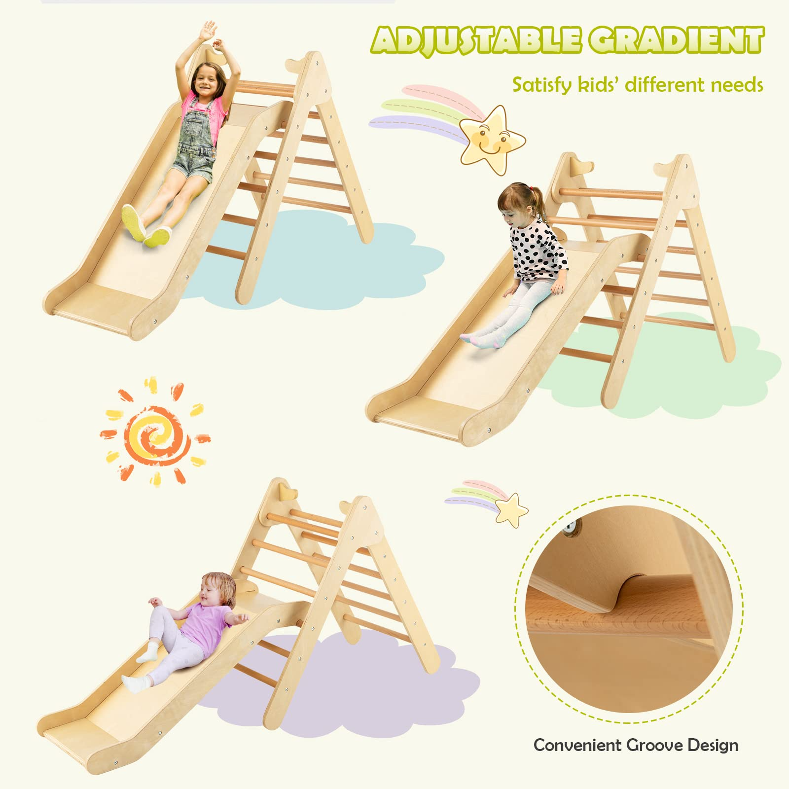 Costzon Wooden Climbing Toys for Toddlers, 2 in 1 Montessori Triangle Climber with Adjustable Angle Ramp for Slide