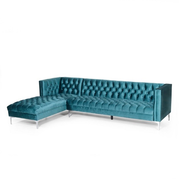 Tignall Contemporary Tufted Velvet Chaise Sectional Teal silver Christopher Knight Home