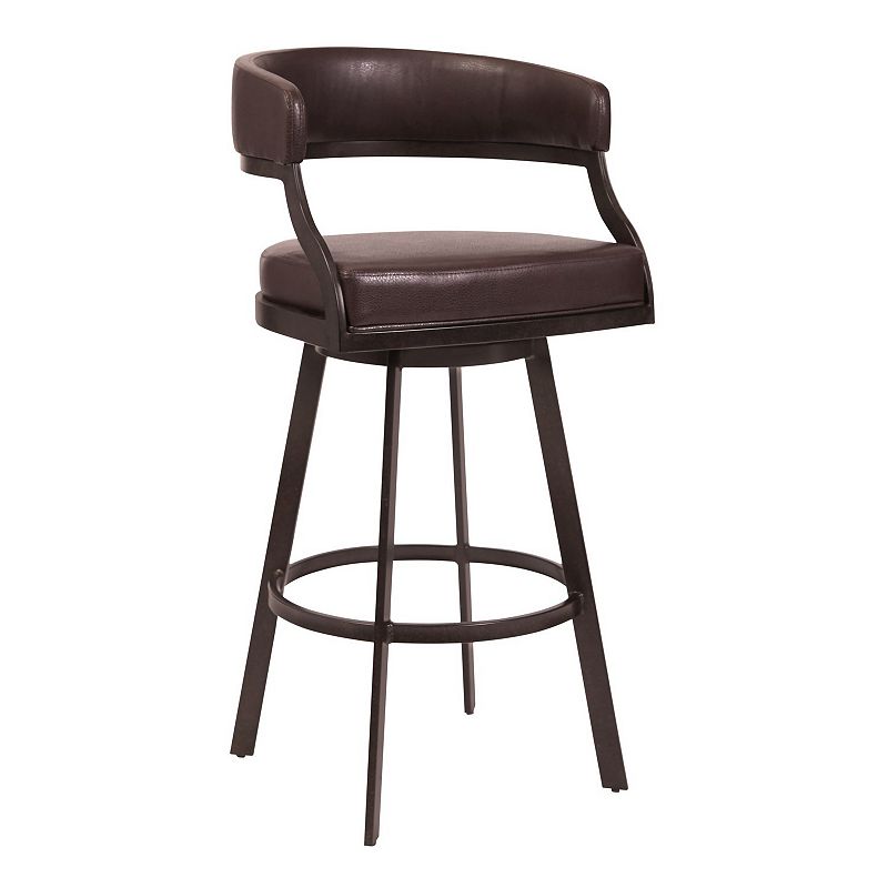 Ava 26 Inch Swivel Counter Stool， Curved， Faux Leather， Auburn Brown