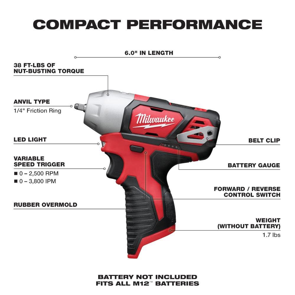 Milwaukee M12 1/4 In. Impact Wrench (Bare Tool) 2461-20 from Milwaukee