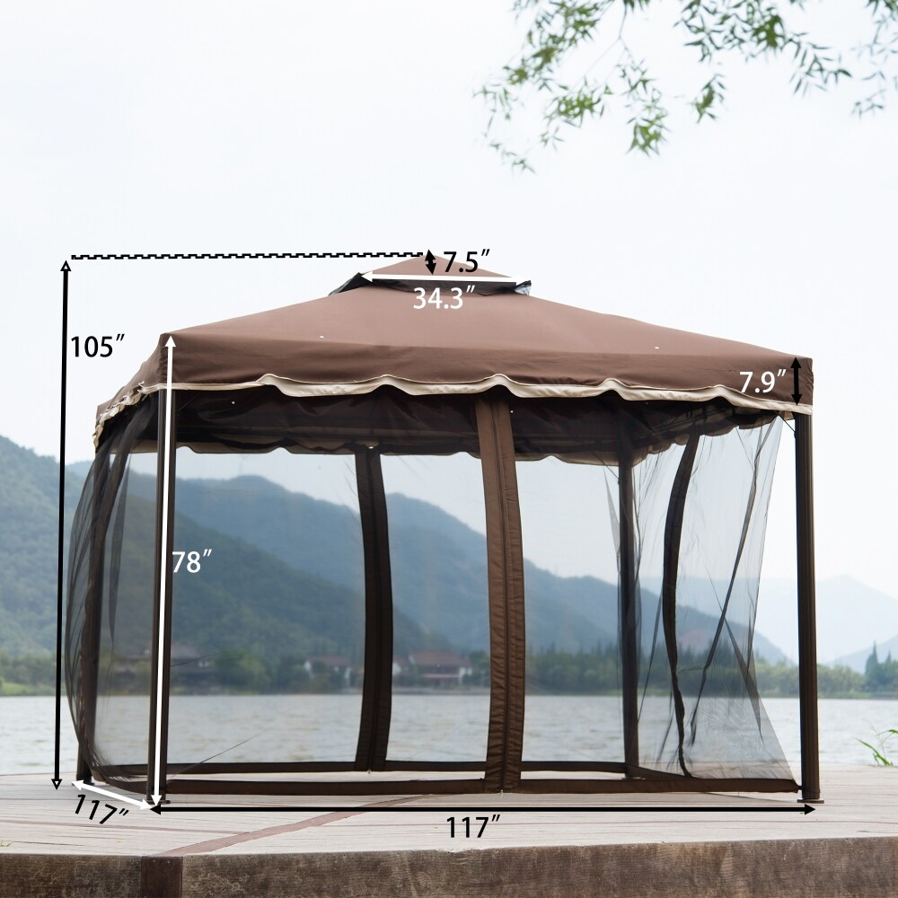 9.8Ft. Wx9.8Ft.L Outdoor Iron Vented Dome Top Patio Gazebo with Netting for Backyard  Poolside and Deck  Brown