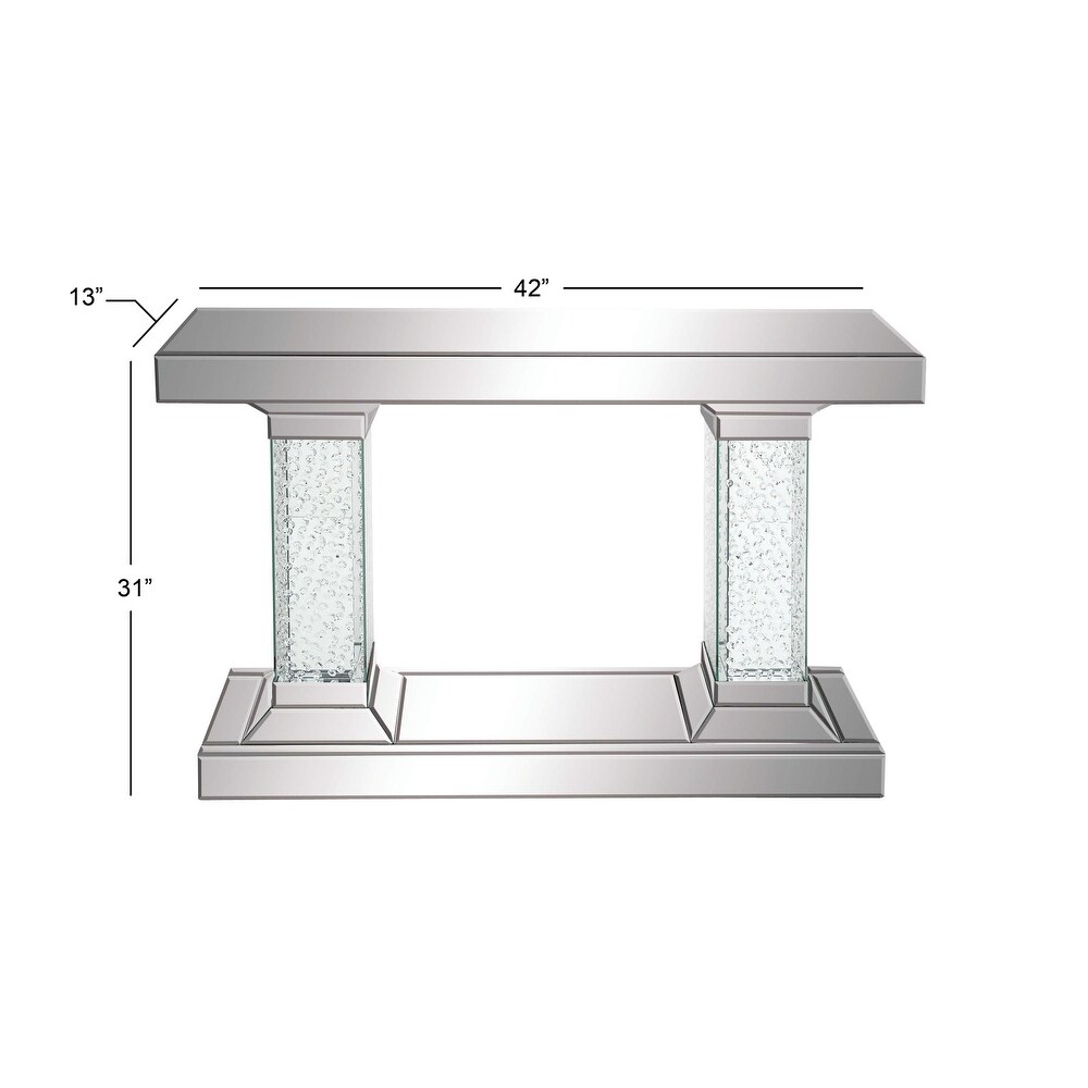 Silver Glass Beveled Mirrored Console Table with Crystal Embedded Pillars   42 x 13 x 31