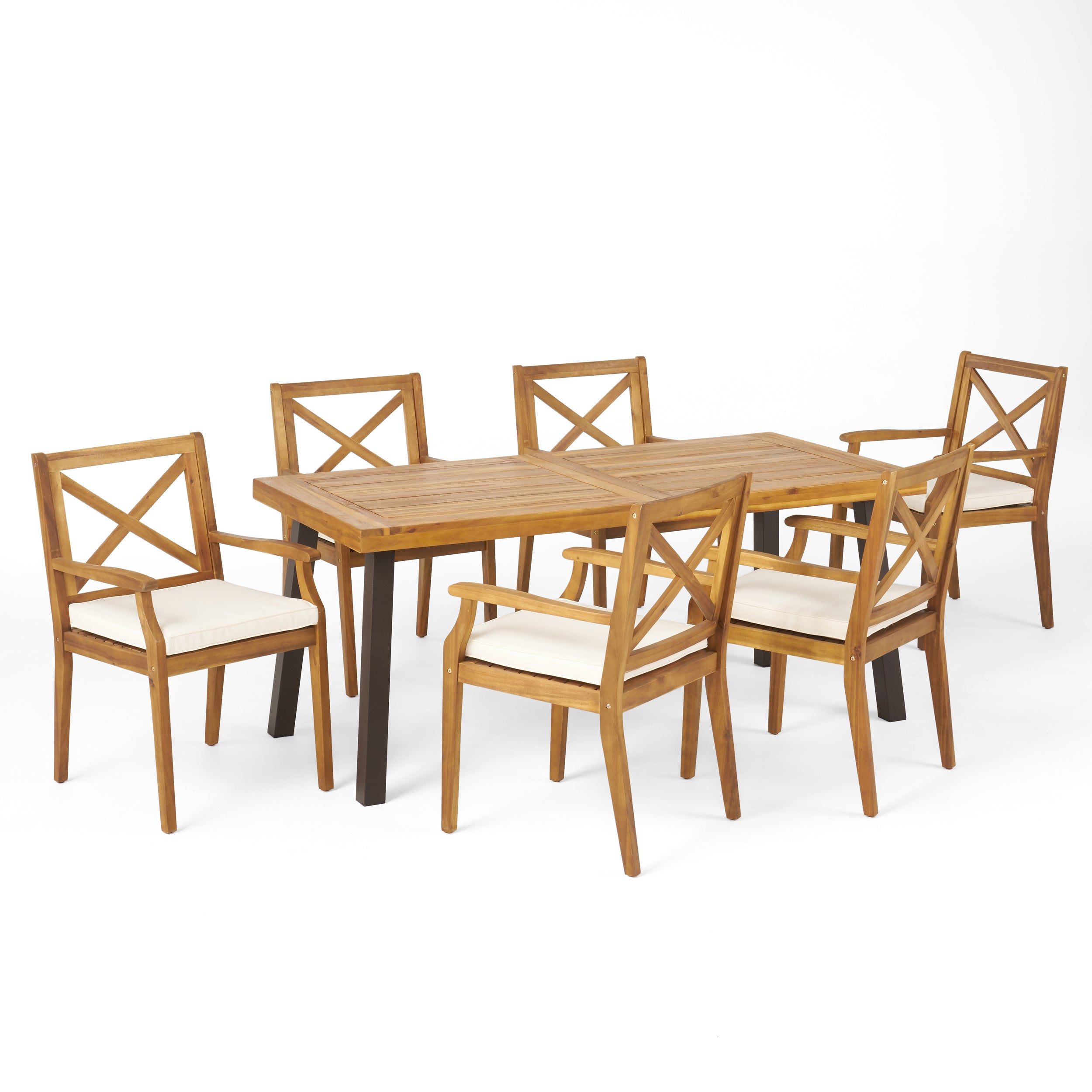 Justin Outdoor Farmhouse Slat-Top 7 Piece Acacia Wood Dining Set with Cushions