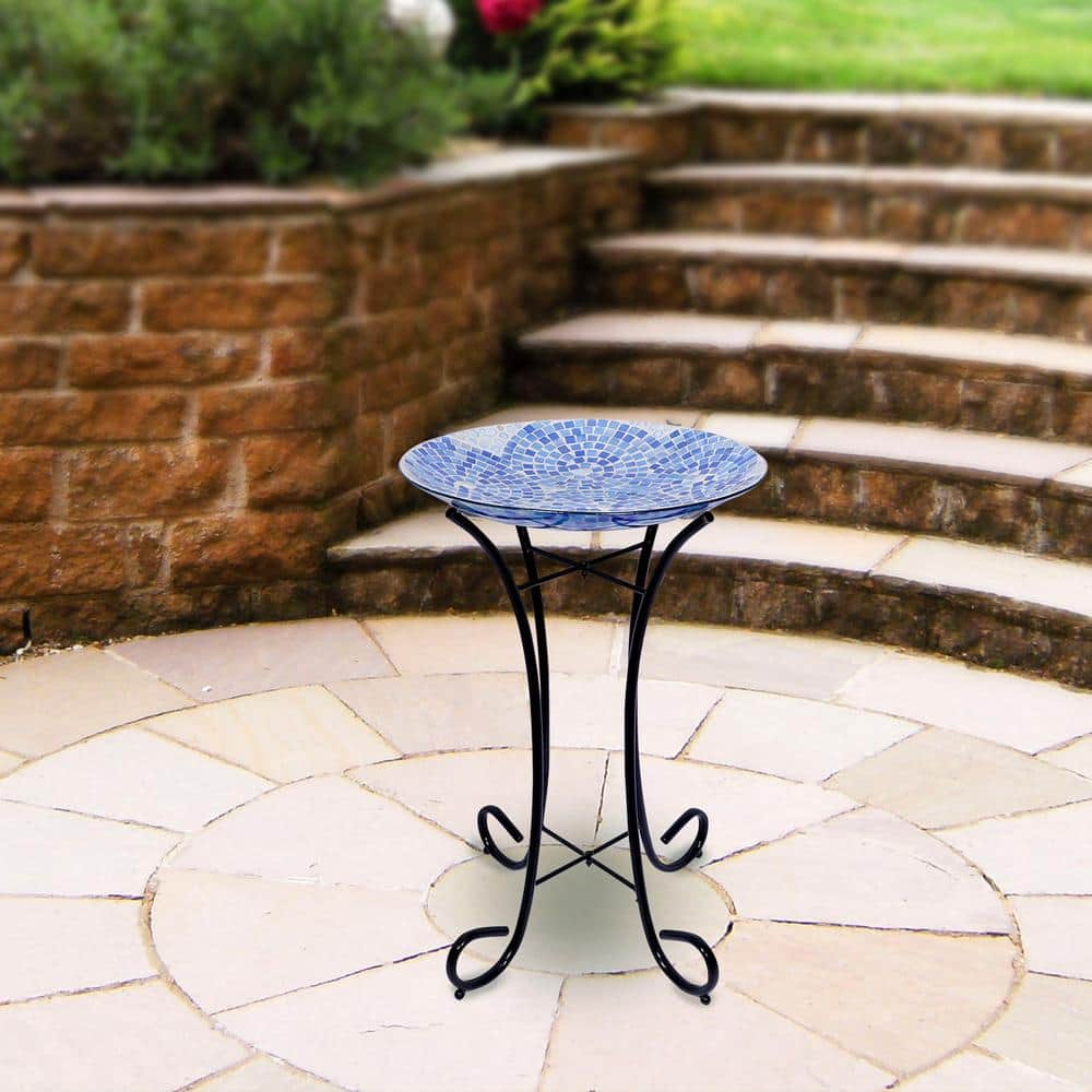 Alpine Corporation 24 in. Tall Outdoor Mosaic Style Glass Birdbath Bowl with Metal Stand, Blue HMD102A