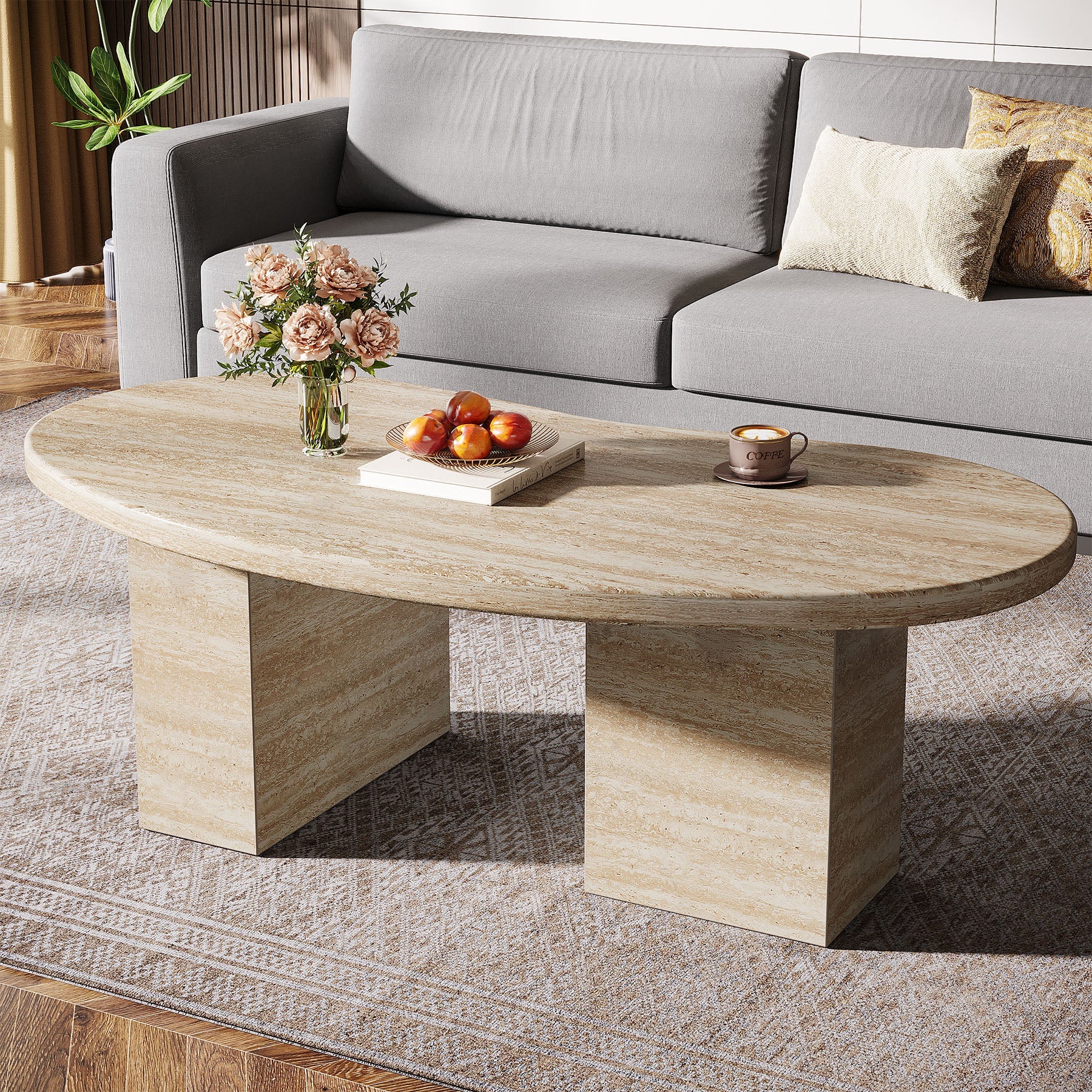 45 Coffee Table, Wood Center Table with Asymmetric Pedestal Legs