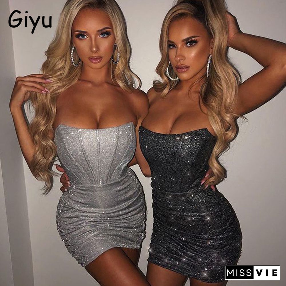 Giyu Night Club Party Woman Dress Sexy Bodycon Glitter Strapless Mini Dresses Summer Elegant Ruched Black Vestidos