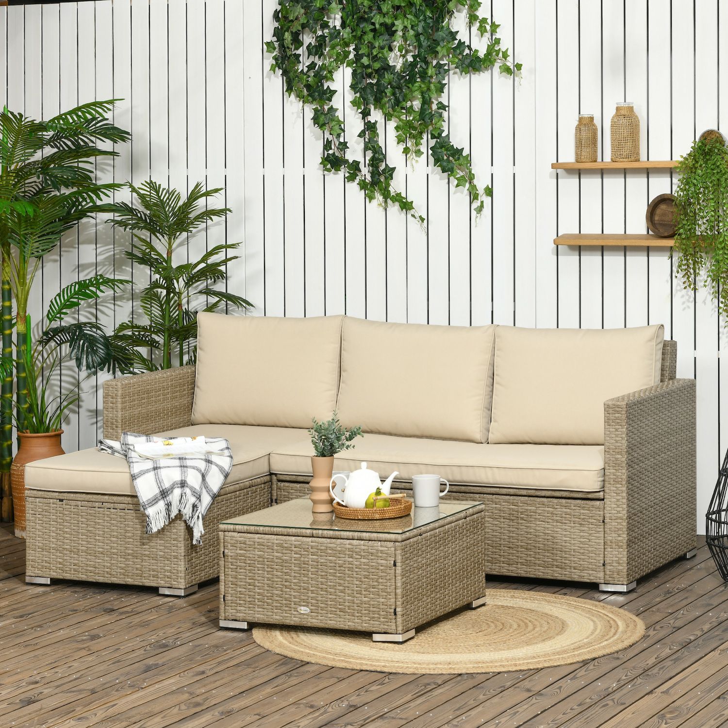 Outsunny Rattan Wicker Furniture Set with Coffee Table and Storage， Khaki