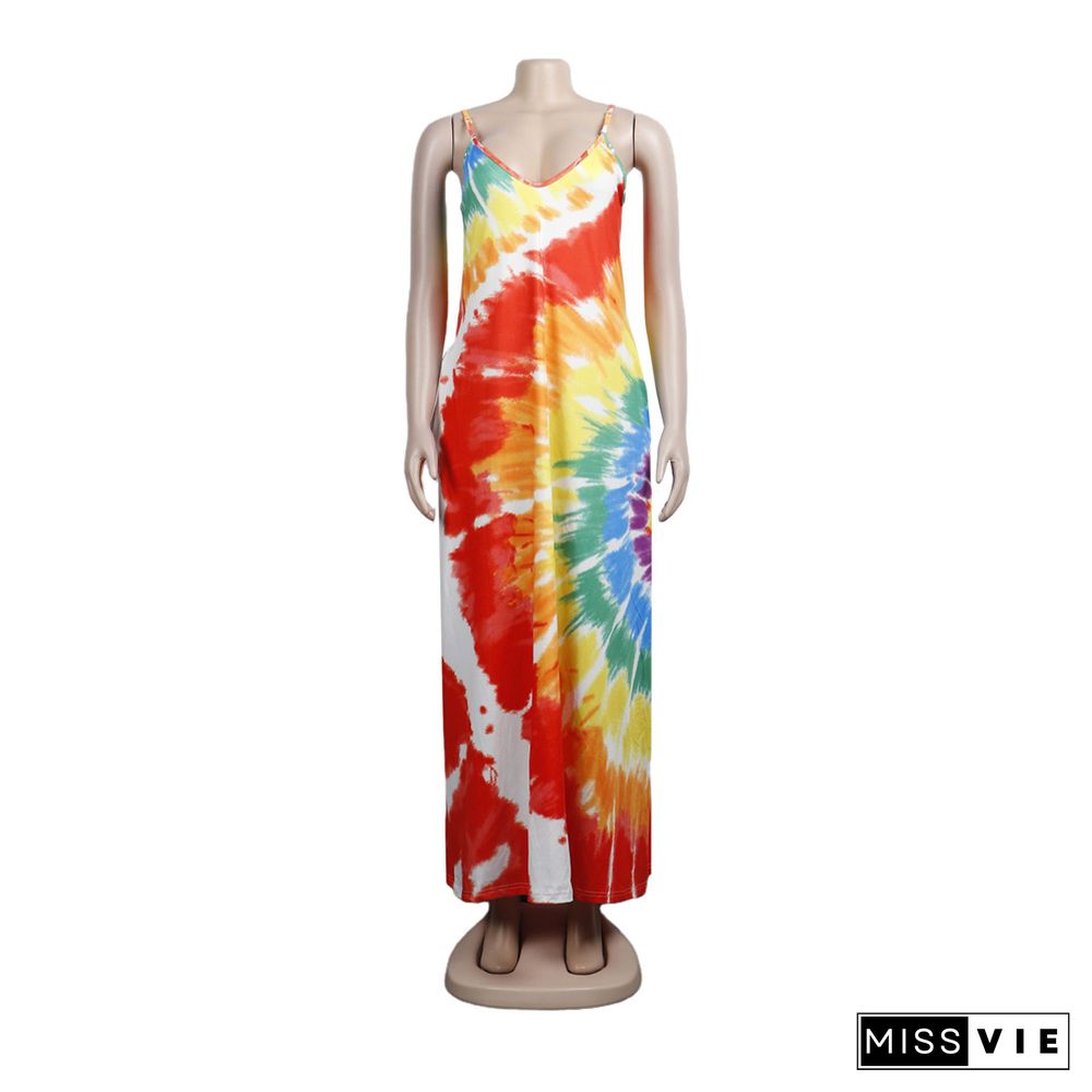 Tie Dye Print Loose Spaghetti Straps Maxi Dress