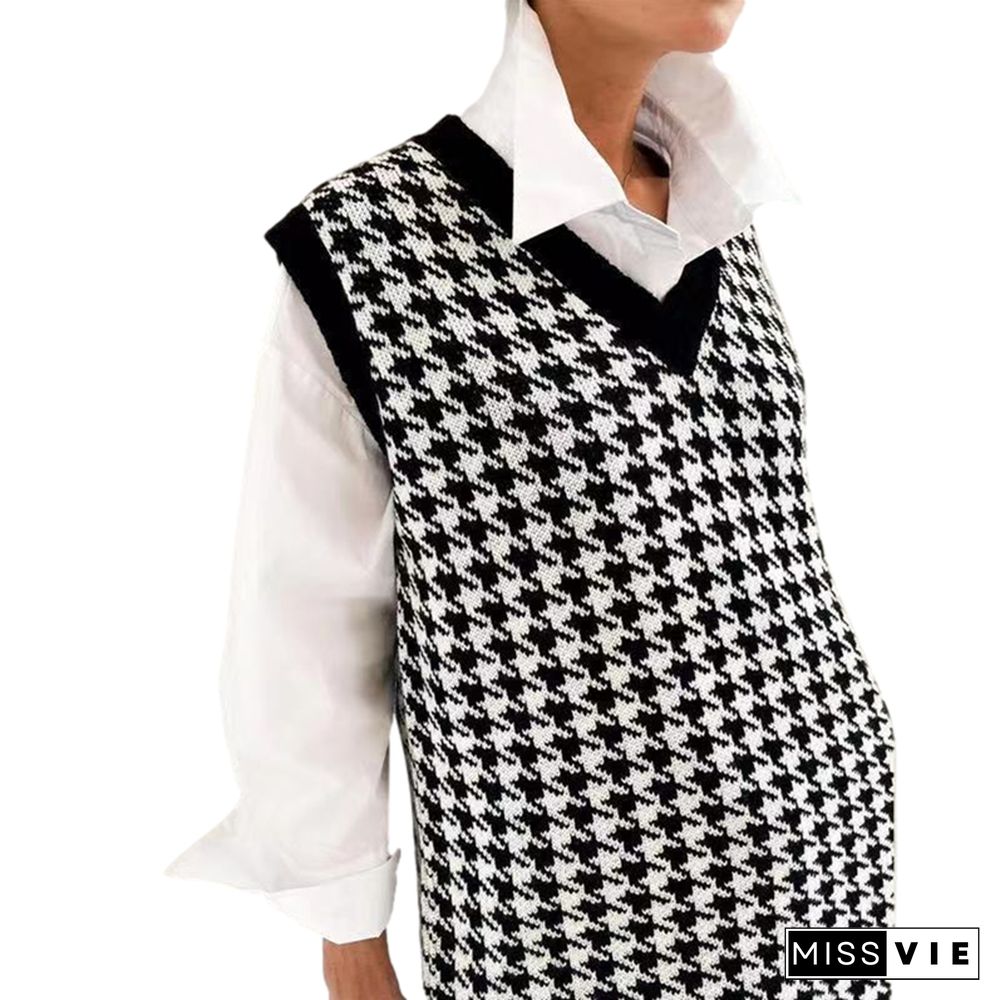 Womens Sweater Classic Female Knitted Vest Houndstooth Print V-Neck Sleeveless Knitwear Waistcoat Tops For Women Streetwear